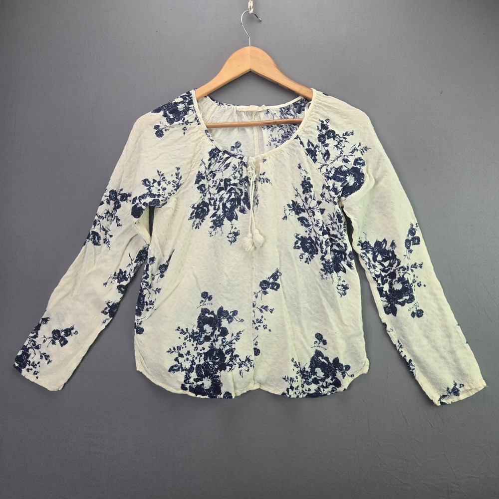 Love Stitch Floral Peasant Blouse S Cream Blue Tassel Tie Rayon IMP-D858NUS